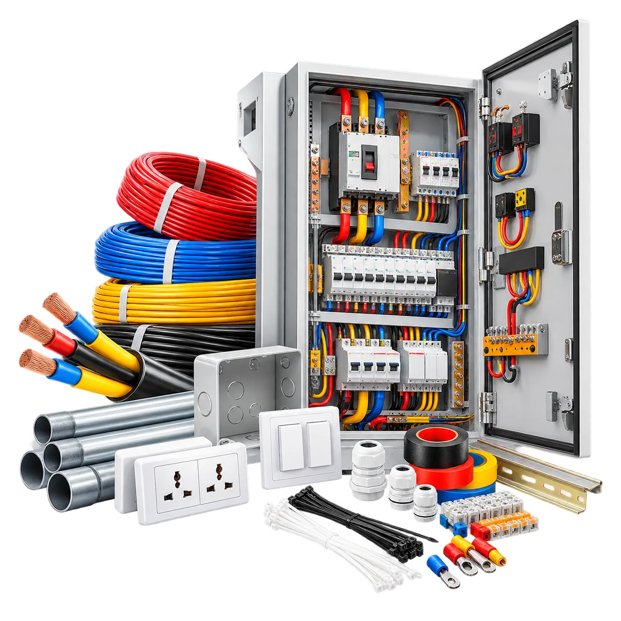 Electrical cables, wiring accessories and an LT control panel