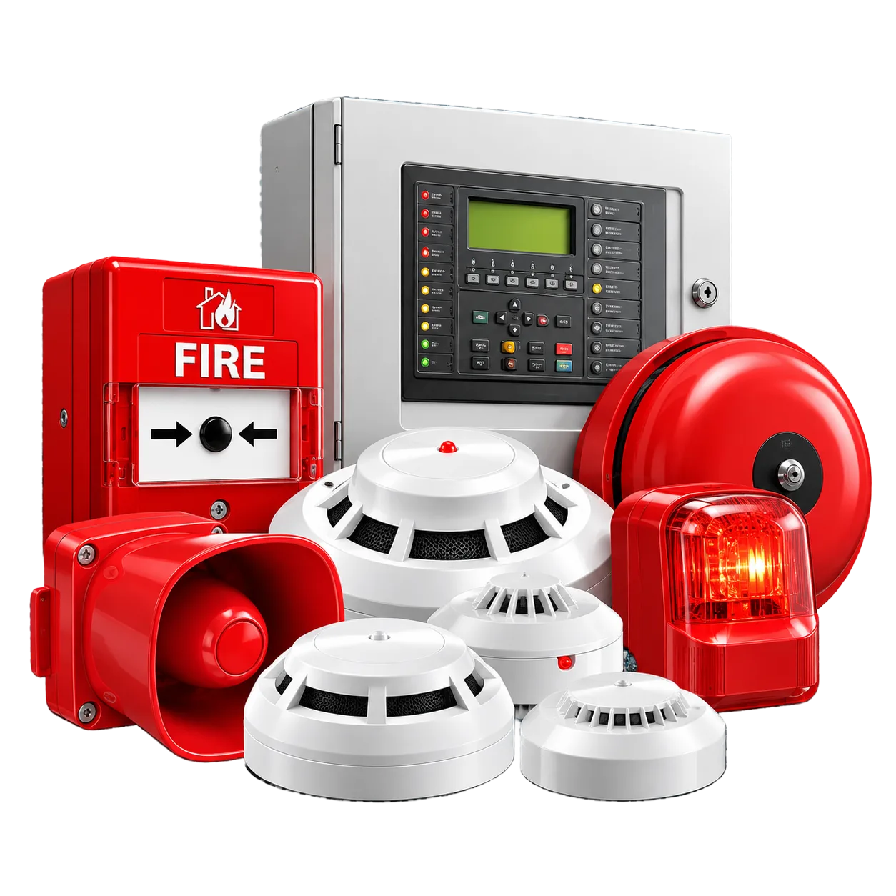 Fire alarm control panel, detectors, call points and sirens