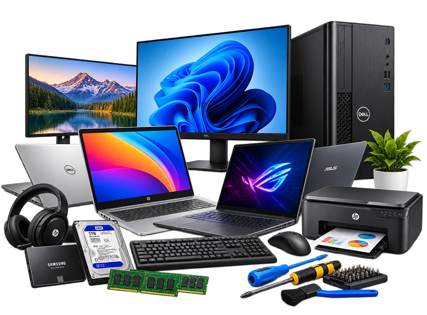 Laptops, desktop computers, monitors and accessories
