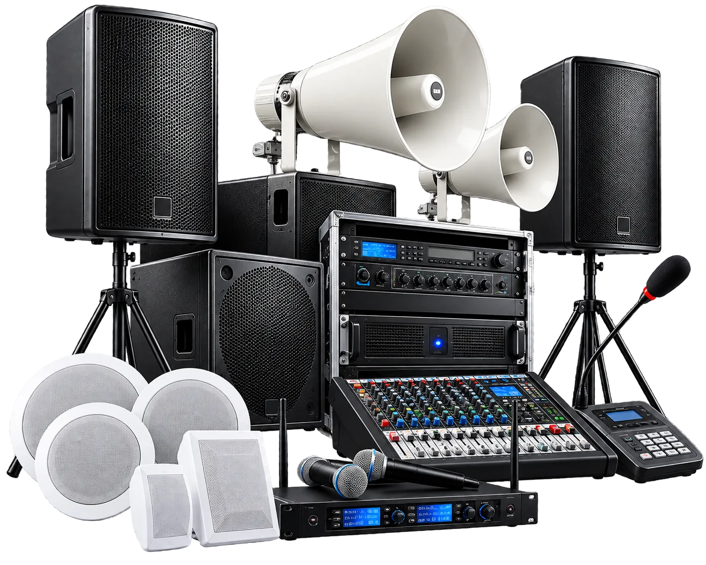 Public address speakers, mixer and audio equipment