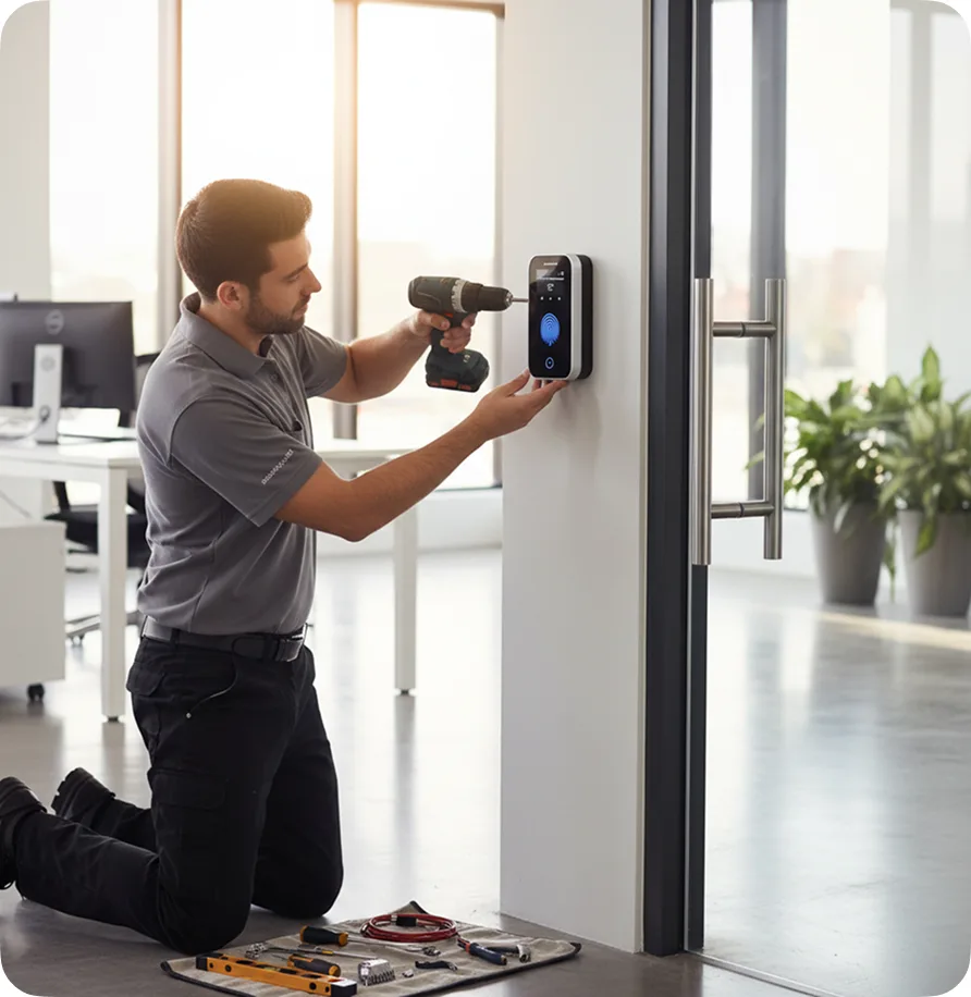 Technician installing a biometric access lock